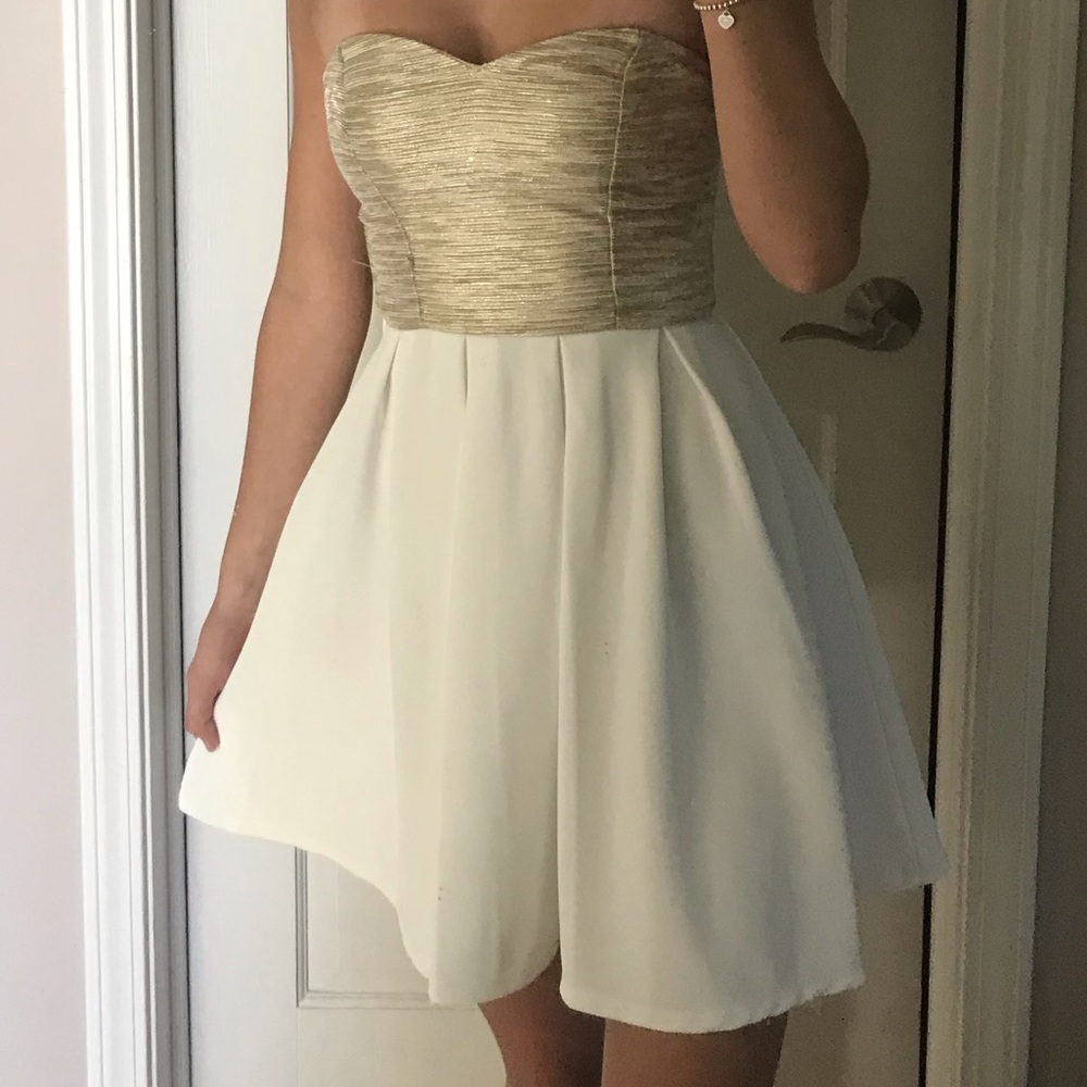 Short Strapless Gold and White Dress